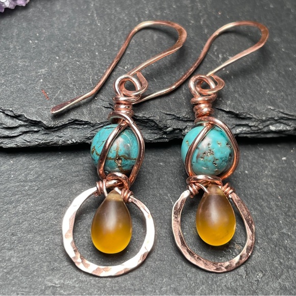 Artisan Copper and Wrapped Turquoise Dangle Earrings - Picture 6 of 9